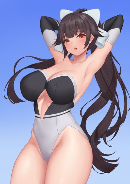 Anime picture 3508x4961 with azur lane takao (azur lane) takao (full throttle charmer) (azur lane) pinkcap single long hair tall image looking at viewer blush fringe highres breasts open mouth light erotic black hair simple background large breasts standing brown eyes absurdres