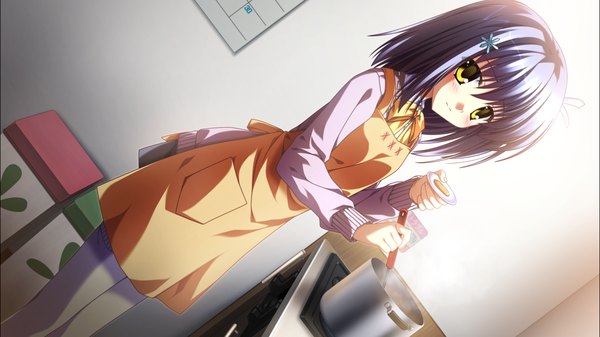 Anime picture 1278x718 with supipara nanao naru short hair wide image yellow eyes blue hair game cg cooking girl apron