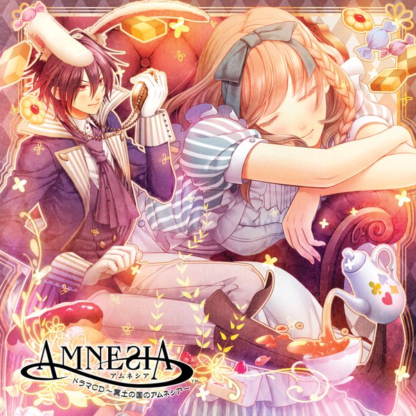 Anime picture 1654x1654 with alice in wonderland amnesia idea factory heroine (amnesia) shin (amnesia) long hair blush short hair black hair smile brown hair eyes closed inscription bunny ears hieroglyph bunny boy girl dress boy gloves