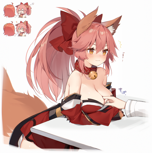 Anime picture 1198x1200 with fate (series) fate/grand order fate/extra fate/extra ccc tamamo (fate) (all) fujimaru ritsuka (female) tamamo cat (fate) muryotaro long hair tall image blush fringe breasts light erotic simple background hair between eyes large breasts white background bare shoulders multiple girls