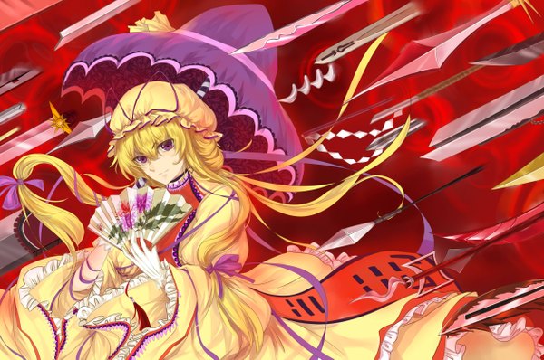 Anime picture 5031x3341 with touhou yakumo yukari hongmao single long hair looking at viewer highres blonde hair purple eyes absurdres light smile wind girl dress gloves ribbon (ribbons) weapon hair ribbon sword umbrella