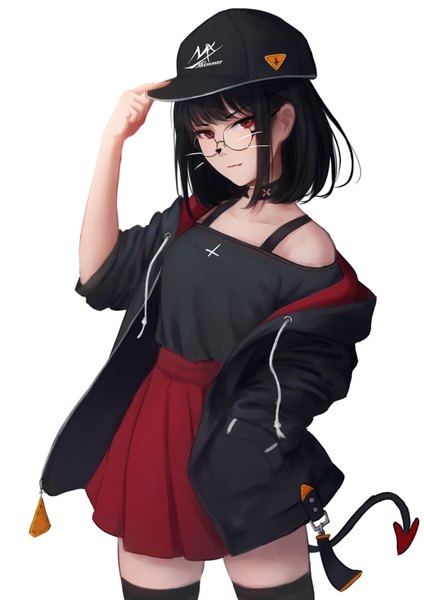 Anime picture 1488x2104 with original shimmer single tall image looking at viewer fringe short hair breasts black hair simple background red eyes standing white background bare shoulders signed payot tail blunt bangs head tilt pleated skirt