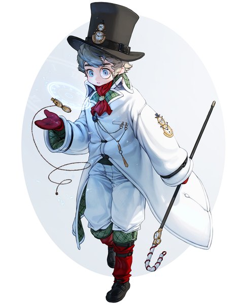 Anime picture 1788x2232 with original rinotuna single tall image fringe highres short hair blue eyes simple background full body long sleeves parted lips grey hair boy hat shoes chain pants clock coat