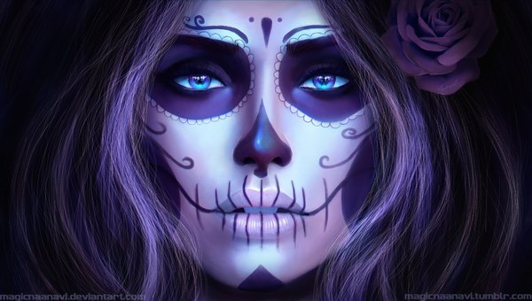 Anime picture 1920x1090 with magicnaanavi single long hair looking at viewer highres open mouth blue eyes brown hair wide image hair flower realistic close-up face face paint girl hair ornament flower (flowers) rose (roses)