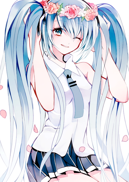 Anime picture 831x1172 with vocaloid hatsune miku pomu (pompom o) single tall image looking at viewer blue eyes simple background white background sitting twintails bare shoulders blue hair very long hair one eye closed wink girl petals wreath