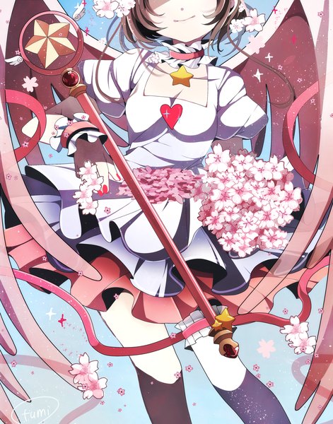 Anime picture 1891x2408 with card captor sakura clamp kinomoto sakura fumiko (miruyuana) single tall image highres short hair smile brown hair signed nail polish sparkle short sleeves puffy sleeves cherry blossoms head out of frame magical girl girl dress