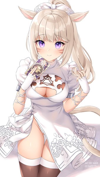 Anime picture 1000x1767 with final fantasy nier nier:automata final fantasy xiv square enix yorha no. 2 type b miqo'te nami (nyaa) single long hair tall image looking at viewer blush breasts light erotic simple background blonde hair standing white background purple eyes