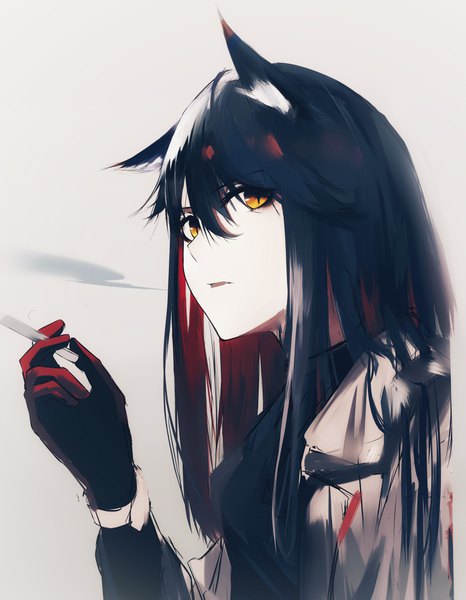 Anime picture 2988x3843 with arknights texas (arknights) mackia single long hair tall image looking at viewer fringe highres black hair simple background hair between eyes animal ears yellow eyes grey background portrait smoke slit pupils smoking girl