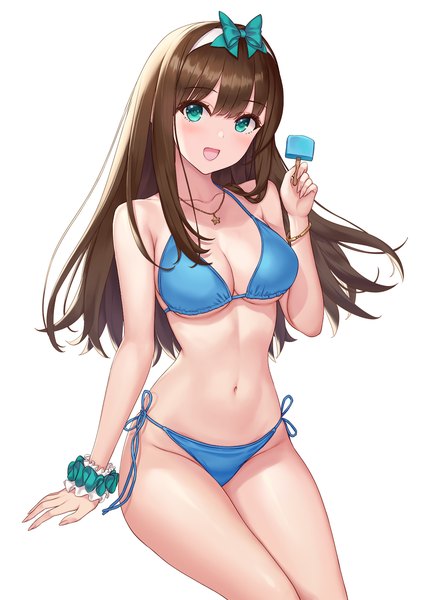 Anime picture 1060x1500 with idolmaster idolmaster cinderella girls shibuya rin hhama single long hair tall image looking at viewer blush fringe breasts open mouth light erotic simple background smile brown hair large breasts white background sitting holding