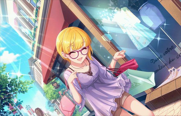 Anime picture 1280x824 with idolmaster idolmaster cinderella girls miyamoto frederica annindoufu (oicon) blush fringe short hair breasts open mouth blonde hair large breasts outdoors blunt bangs eyes closed long sleeves sunlight inscription bare legs sparkle leaning