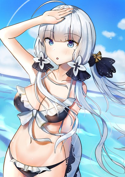 Anime picture 836x1180 with azur lane illustrious (azur lane) refile single long hair tall image looking at viewer blush fringe breasts open mouth blue eyes light erotic large breasts standing twintails sky cleavage silver hair cloud (clouds)