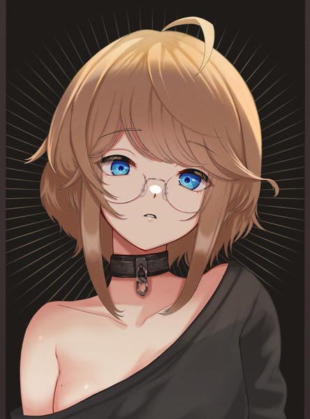 Anime picture 1850x2500 with original buket pudding i single tall image looking at viewer highres short hair blue eyes blonde hair upper body ahoge off shoulder mole black background mole on breast pillarboxed girl glasses