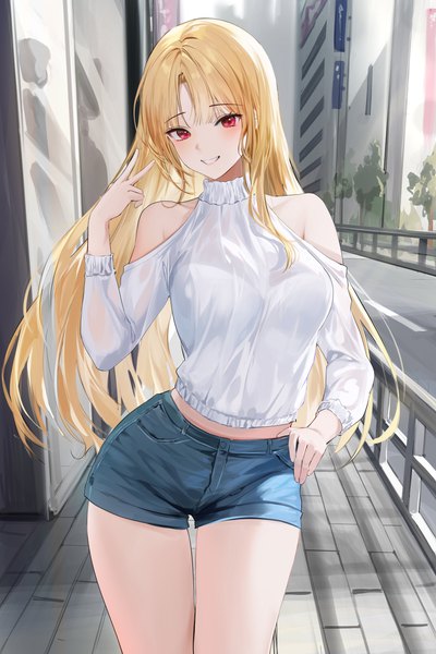 Anime picture 2731x4096 with original lillly single long hair tall image looking at viewer blush fringe highres breasts blonde hair smile red eyes standing bare shoulders indoors blunt bangs long sleeves head tilt midriff
