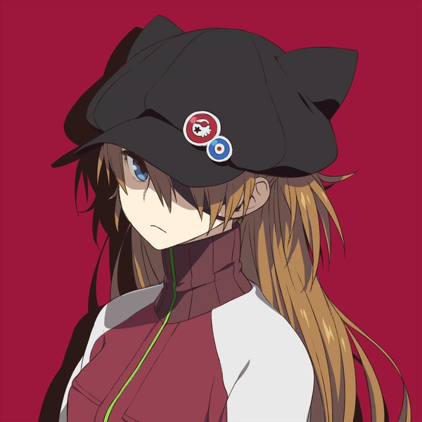 Anime picture 1000x1000 with neon genesis evangelion rebuild of evangelion evangelion: 3.0 you can (not) redo gainax soryu asuka langley shikinami asuka langley chan co single long hair fringe blue eyes simple background hair between eyes brown hair upper body shadow red background girl hat eyepatch
