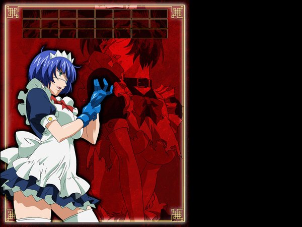 Anime picture 1280x960 with ikkitousen ryomou shimei single short hair light erotic green eyes blue hair maid girl thighhighs gloves bow white thighhighs headdress maid headdress apron eyepatch