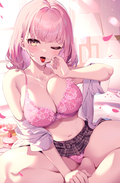 Anime picture 1609x2458 with original kat (bu-kunn) single tall image looking at viewer blush fringe short hair breasts light erotic large breasts sitting holding pink hair cleavage blunt bangs one eye closed wink off shoulder open shirt