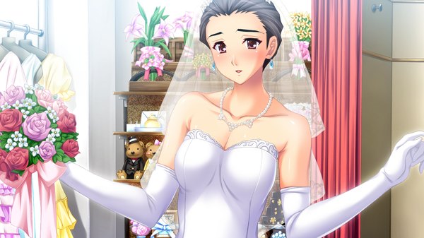 Anime picture 1280x720 with marriage blue skyhouse blush black hair wide image purple eyes game cg alternate hairstyle hair up girl dress gloves flower (flowers) earrings elbow gloves jewelry necklace wedding dress