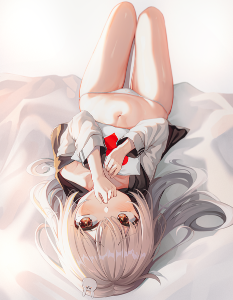 Anime picture 1634x2108 with original mannack single long hair tall image looking at viewer blush fringe light erotic hair between eyes red eyes silver hair full body bent knee (knees) lying long sleeves midriff on back symbol-shaped pupils hand to mouth