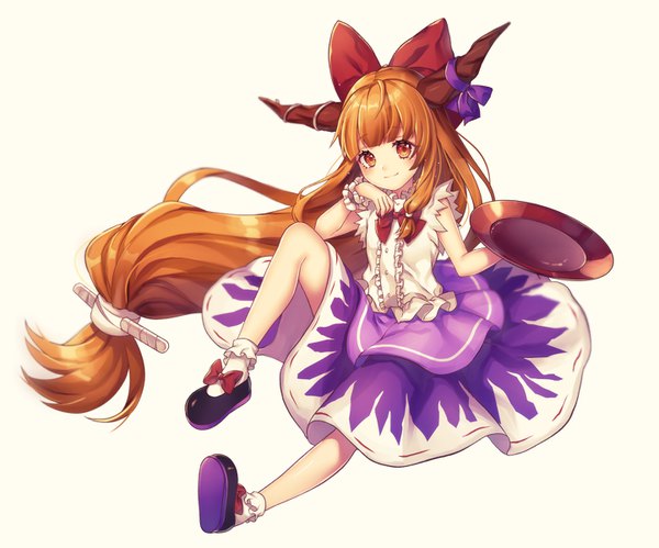 Anime picture 1441x1200 with touhou ibuki suika kyouda suzuka single looking at viewer simple background white background full body very long hair horn (horns) orange hair orange eyes low ponytail head rest girl bow hair bow socks white socks alcohol