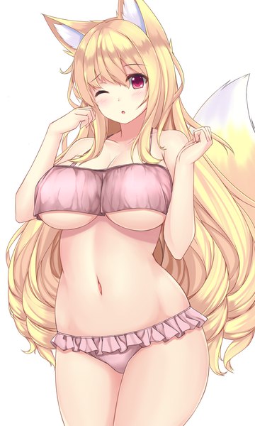 Anime picture 1200x2000 with original sogaya single long hair tall image looking at viewer blush fringe breasts open mouth light erotic simple background blonde hair hair between eyes red eyes large breasts standing white background bare shoulders animal ears
