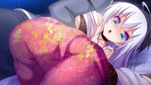 Anime picture 1280x720 with sengoku hime 4 long hair blush open mouth blue eyes wide image game cg white hair traditional clothes japanese clothes censored girl boy kimono