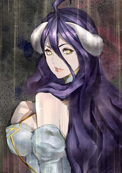 Anime picture 2480x3507 with overlord (maruyama) madhouse albedo (overlord) shimashima (simasima 23) single long hair tall image looking at viewer fringe highres light erotic hair between eyes bare shoulders yellow eyes purple hair ahoge upper body horn (horns) lips slit pupils