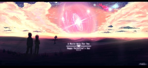 Anime picture 1473x686 with original edward montenegro long hair short hair wide image sky cloud (clouds) from behind silhouette field constellation girl boy plant (plants) tree (trees) star (stars)
