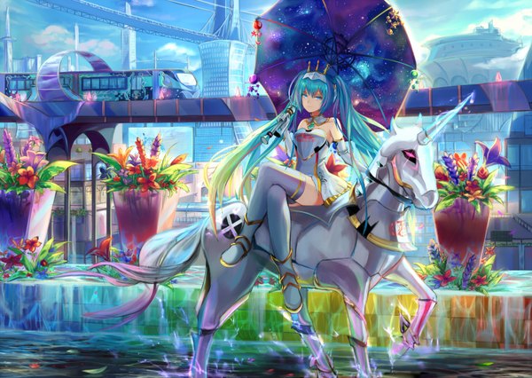 Anime picture 1520x1080 with vocaloid goodsmile racing hatsune miku racing miku racing miku (2015) natsumoka single long hair looking at viewer smile twintails bare shoulders sky cloud (clouds) aqua eyes sunlight aqua hair crossed legs sunbeam riding