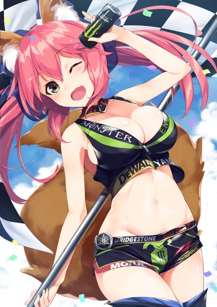 Anime picture 778x1100 with fate (series) fate/extra monster energy tamamo (fate) (all) tamamo no mae (fate) gedou (shigure seishin) single long hair tall image looking at viewer blush fringe breasts open mouth light erotic hair between eyes large breasts twintails bare shoulders holding
