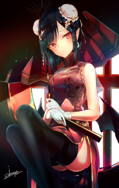 Anime picture 1004x1579 with original sakusyo single tall image looking at viewer blush fringe short hair black hair red eyes sitting holding signed blunt bangs traditional clothes pointy ears sunlight crossed legs dated chinese clothes