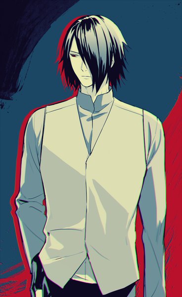 Anime picture 646x1054 with naruto studio pierrot naruto (series) uchiha sasuke palru s2 single tall image fringe short hair black hair simple background red eyes looking away upper body hair over one eye blue background pale skin hand in pocket boy gloves