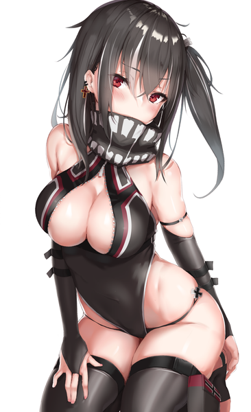 Anime picture 917x1500 with azur lane u-47 (azur lane) reinama single long hair tall image looking at viewer blush fringe breasts light erotic black hair simple background hair between eyes red eyes large breasts white background bare shoulders cleavage multicolored hair