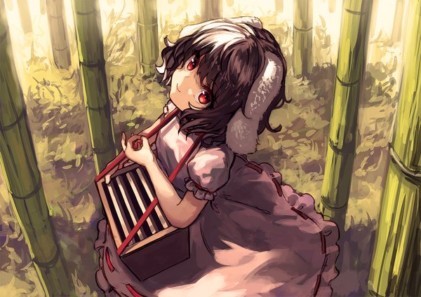 Anime-Bild 1228x868 mit touhou inaba tewi berabou single looking at viewer fringe short hair black hair smile red eyes animal ears from above bunny ears puffy sleeves bunny girl bamboo forest girl dress plant (plants) tree (trees)