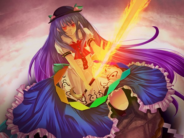 Anime picture 1400x1050 with touhou hinanawi tenshi yuha (yh-krm) long hair red eyes purple hair very long hair girl weapon hat sword fire