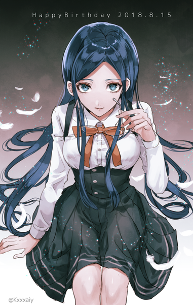 Anime picture 645x1015 with dangan ronpa new danganronpa v3 shirogane tsumugi sakuyu single long hair tall image looking at viewer blue eyes simple background sitting holding signed payot blue hair grey background arm support twitter username gradient background dated