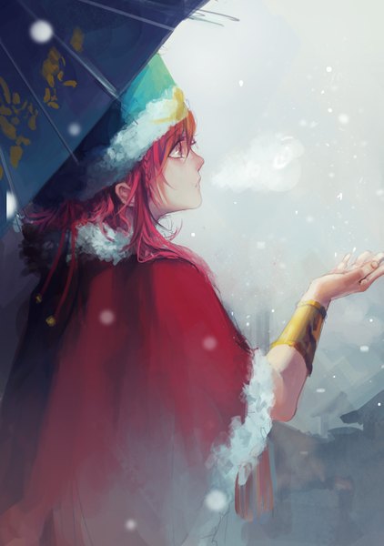 Anime picture 2078x2952 with magi the labyrinth of magic a-1 pictures ren kouha cp .ieng single long hair tall image highres pink hair profile pink eyes snowing winter exhalation steam otoko no ko boy hat bracelet fur