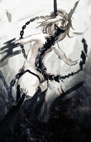 Anime picture 639x1000 with original tmt (pixiv) single tall image short hair light erotic blonde hair bare shoulders tail from behind tattoo outstretched arm girl chain debris