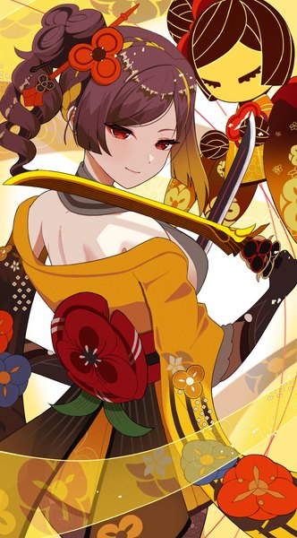 Anime picture 2600x4693 with genshin impact chiori (genshin impact) mannan (zwei strum) single tall image looking at viewer blush highres short hair breasts smile red eyes brown hair holding traditional clothes japanese clothes looking back from behind off shoulder side ponytail