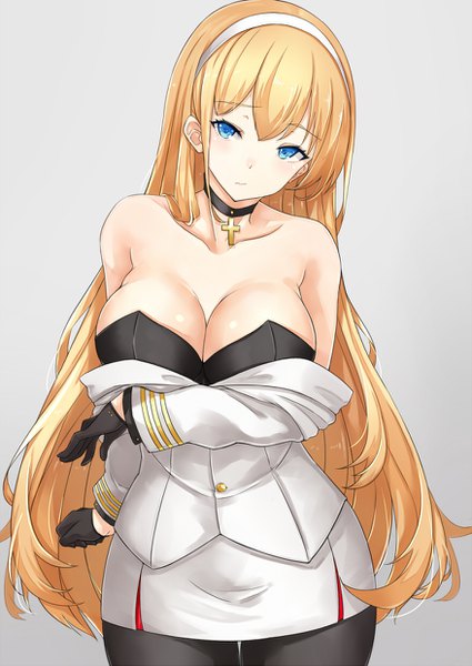 Anime picture 877x1239 with azur lane north carolina (azur lane) asya single long hair tall image looking at viewer blush fringe breasts blue eyes light erotic blonde hair simple background hair between eyes large breasts standing bare shoulders cleavage head tilt