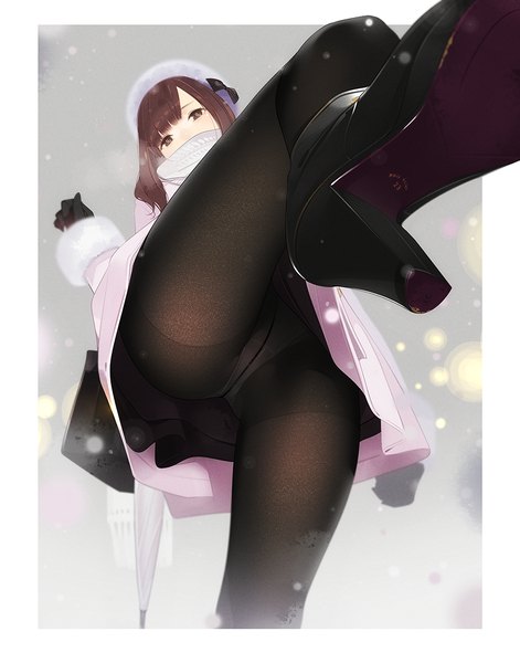 Anime picture 863x1100 with original ama mitsuki single long hair tall image looking at viewer fringe light erotic brown hair standing brown eyes from below high heels fur trim border looking down standing on one leg covered mouth girl gloves