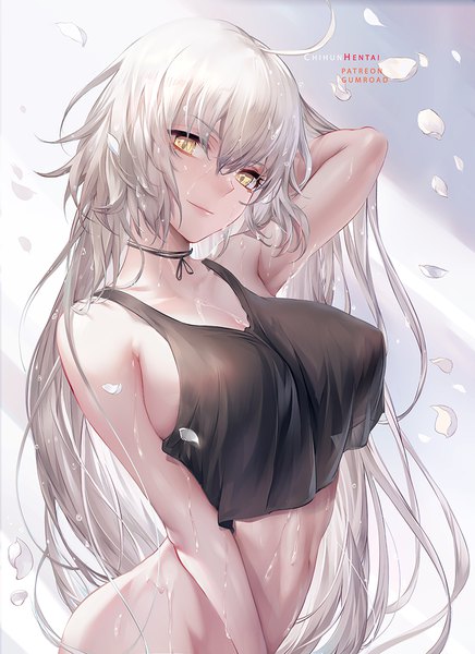 Anime picture 800x1100 with fate (series) fate/grand order jeanne d'arc (fate) (all) jeanne d'arc alter (fate) chihunhentai single long hair tall image looking at viewer fringe breasts light erotic hair between eyes large breasts standing signed yellow eyes silver hair upper body ahoge