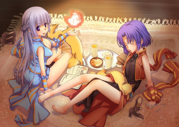 Anime picture 1125x800 with ragnarok online professor (ragnarok online) kawagoe pochi long hair short hair light erotic purple eyes multiple girls purple hair eyes closed barefoot grey hair legs girl dress 2 girls animal food book (books) fire