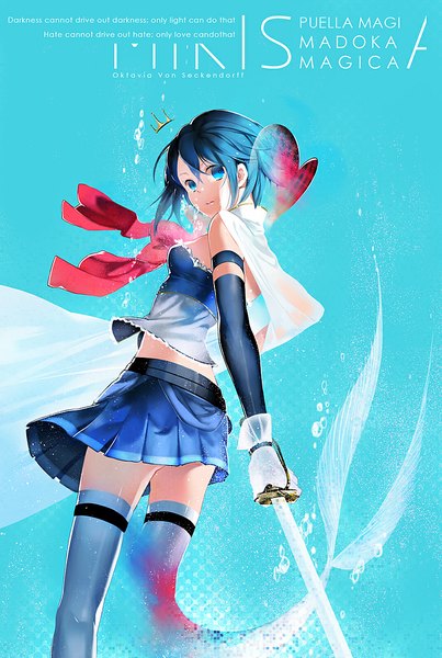 Anime picture 800x1191 with mahou shoujo madoka magica shaft (studio) miki sayaka kaninnvven single tall image short hair blue eyes simple background blue hair looking away copyright name character names blue background girl thighhighs skirt gloves detached sleeves miniskirt