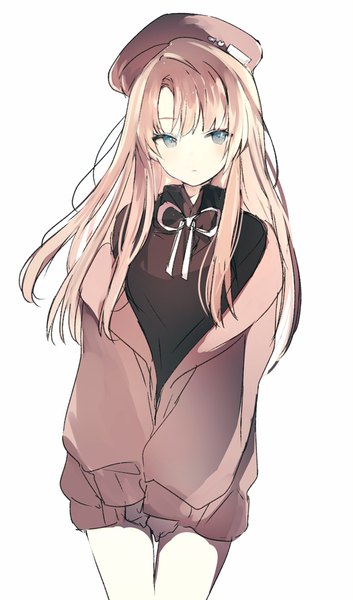Anime picture 544x924 with original lpip single long hair tall image looking at viewer blush fringe blue eyes simple background hair between eyes brown hair standing white background long sleeves off shoulder open jacket sleeves past wrists expressionless hair over shoulder