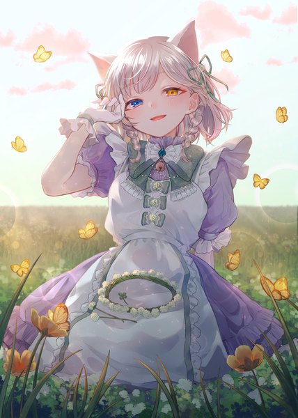 Anime picture 2976x4175 with original rubianeko single tall image looking at viewer highres short hair open mouth animal ears silver hair outdoors braid (braids) :d puffy sleeves heterochromia twin braids lens flare girl gloves flower (flowers)