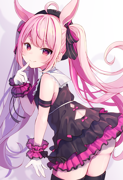 Anime picture 1000x1458 with virtual youtuber tomari mari channel tomari mari momoirone single long hair tall image blush light erotic simple background twintails animal ears payot pink hair ahoge ass pink eyes shadow leaning bunny ears