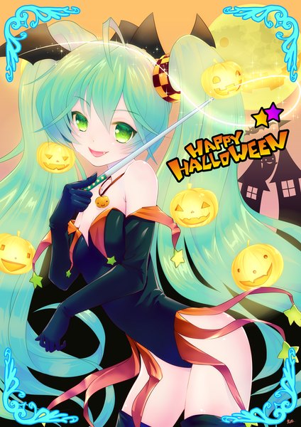 Anime picture 1024x1448 with project diva f 2nd vocaloid hatsune miku suzumiya kyo (kyo21413) single long hair tall image open mouth light erotic smile bare shoulders green eyes ahoge aqua hair halloween happy halloween girl thighhighs gloves black thighhighs