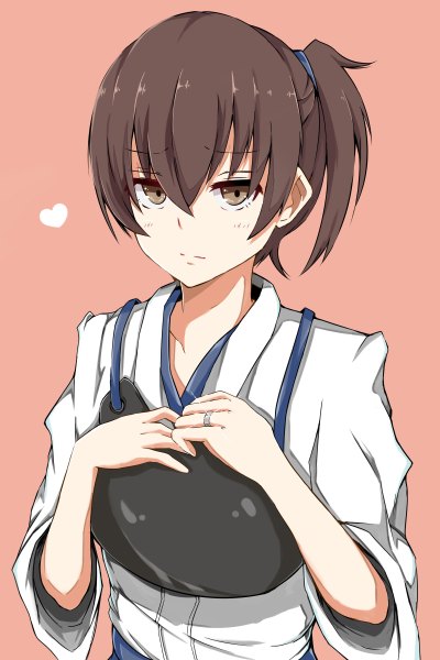 Anime picture 800x1200 with kantai collection kaga aircraft carrier koenza botoke single tall image looking at viewer short hair simple background brown hair brown eyes traditional clothes japanese clothes frown girl heart armor ring scrunchie hair tie breastplate