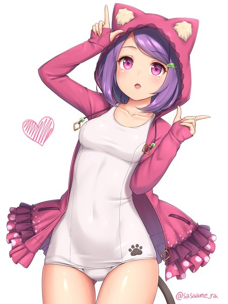 Anime picture 780x1040 with original sasaame single tall image looking at viewer blush fringe short hair breasts open mouth light erotic simple background standing white background signed purple hair long sleeves pink eyes arm up open jacket