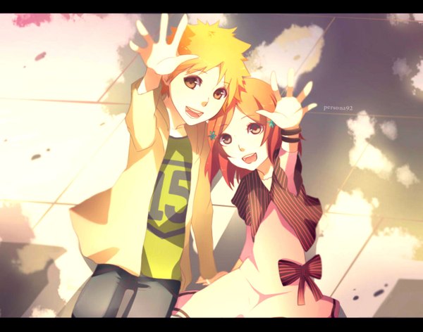 Anime picture 1332x1050 with bleach studio pierrot kurosaki ichigo inoue orihime persona92 (orichie) short hair open mouth sitting brown eyes signed orange hair holding hands striped alternate age younger girl dress boy hair ornament bow
